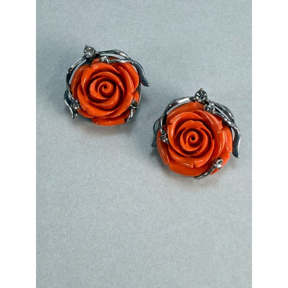 Carved Coral Rose Earrings Silver Tone Clear Stones Floral Statement